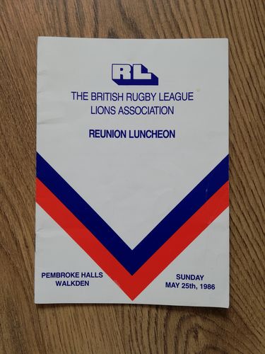British Rugby League Lions Association 1986 Reunion Luncheon Menu