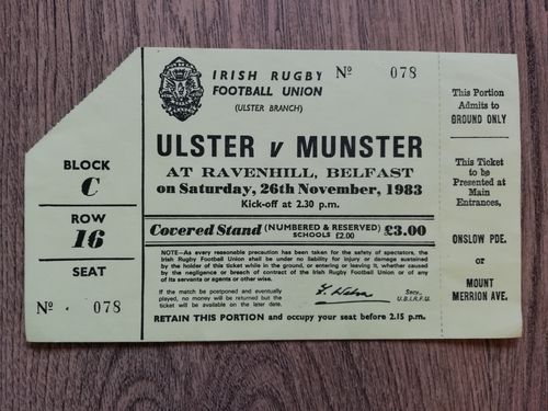 Ulster v Munster Nov 1983 Rugby Ticket