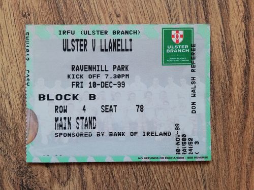 Ulster v Llanelli Dec 1999 European Cup Rugby Ticket