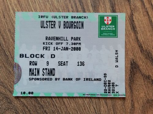 Ulster v Bourgoin Jan 2000 European Cup Rugby Ticket
