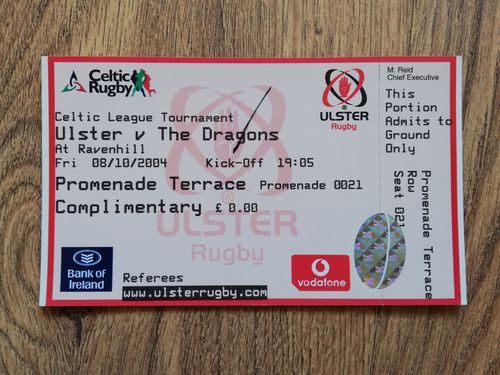 Ulster v Dragons Oct 2004 Rugby Ticket
