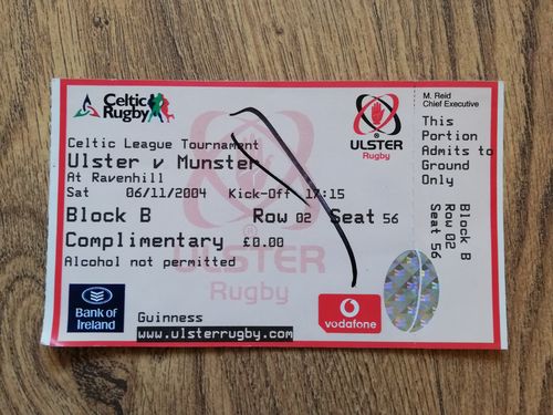 Ulster v Munster Nov 2004 Rugby Ticket