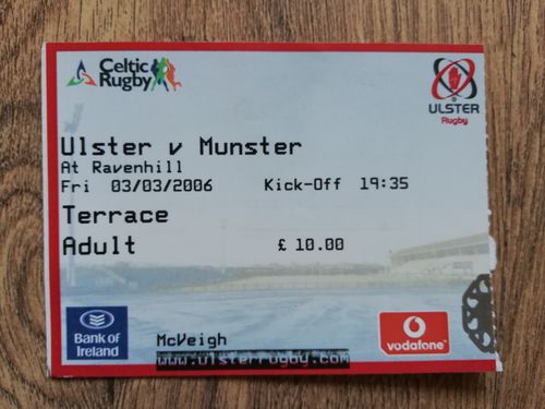 Ulster v Munster Mar 2006 Rugby Ticket
