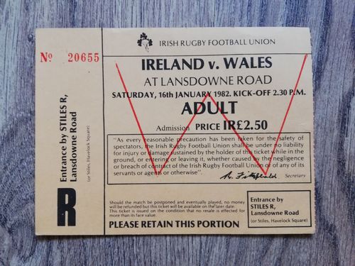 Ireland v Wales 1982 Rugby Ticket