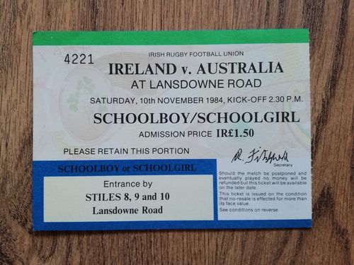 Ireland v Australia 1984 Rugby Ticket