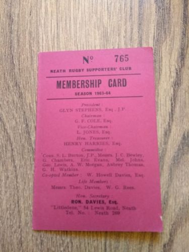 Neath Rugby Supporters' Club 1963-64 Membership Card