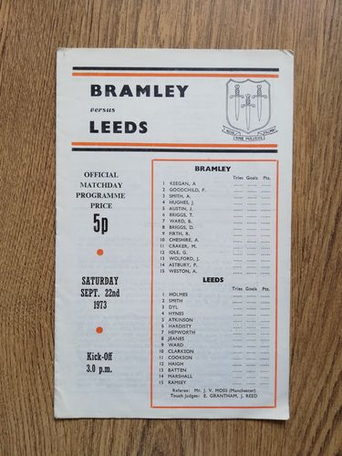 Bramley v Leeds Sept 1973 Rugby League Programme
