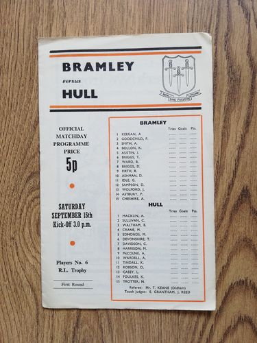 Bramley v Hull Sept 1973 Players No 6 Trophy RL Programme