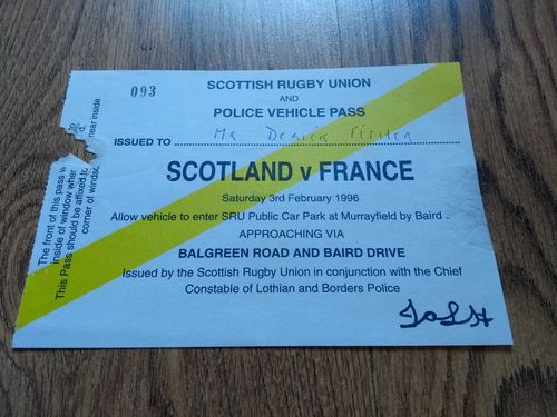 Scotland v France 1996 Rugby Car Park Pass