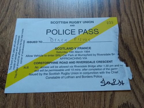 Scotland v France 1994 Rugby Car Park Pass
