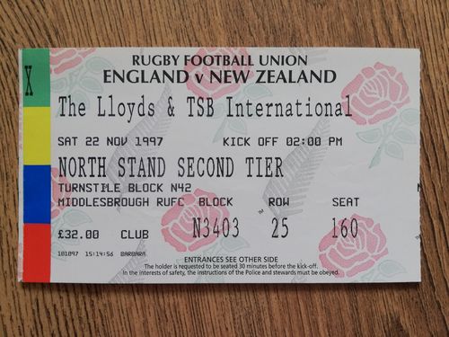 England v New Zealand Nov 1997 Used Rugby Ticket