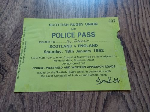 Scotland v England 1992 Rugby Car Park Pass