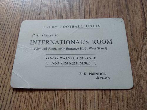 Rugby Football Union Pass to International's Room 1950's - Ray Longland