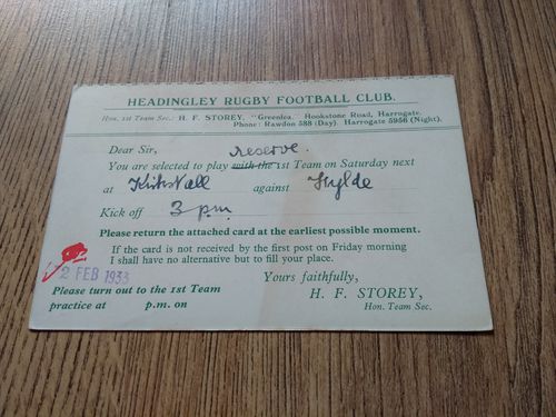 Headingley RFC Feb 1933 Reserve Team Rugby Selection Postcard
