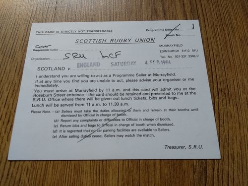 Scotland v England 1984 Programme Seller Rugby Pass