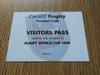 Cardiff RFC 1999 Rugby World Cup Visitors Pass