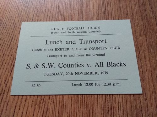 South & South West Counties v New Zealand 1979 Rugby Lunch & Transport Ticket