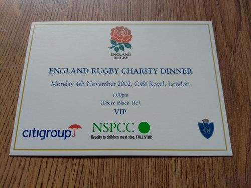 England Rugby 2002 Charity Dinner Invitation Card