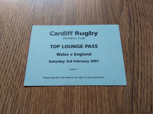 Wales v England 2001 Cardiff Rugby Hospitality Pass