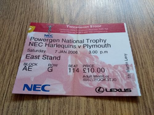 Harlequins v Plymouth Jan 2006 Powergen National Trophy Rugby Ticket