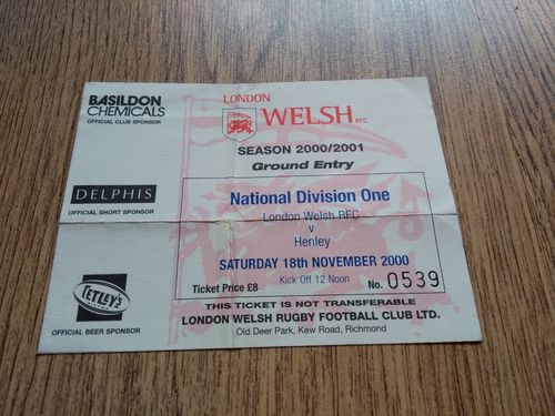 London Welsh v Henley Nov 2000 Rugby Ticket