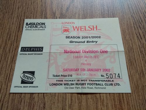 London Welsh v Henley Jan 2002 Rugby Ticket