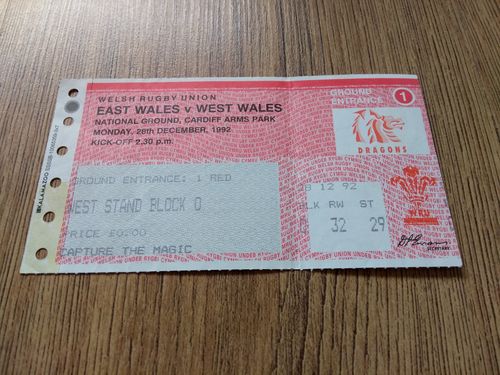 East Wales v West Wales Dec 1992 Used Rugby Ticket