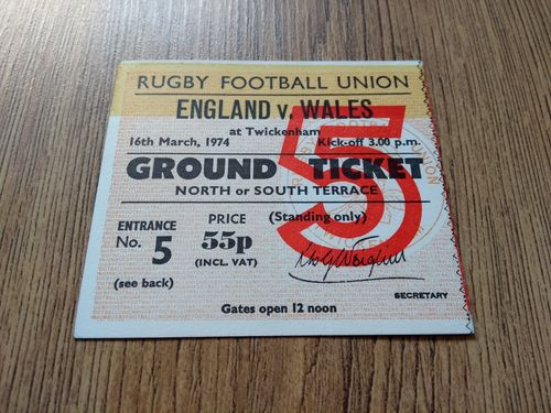 England v Wales 1974 Rugby Ticket