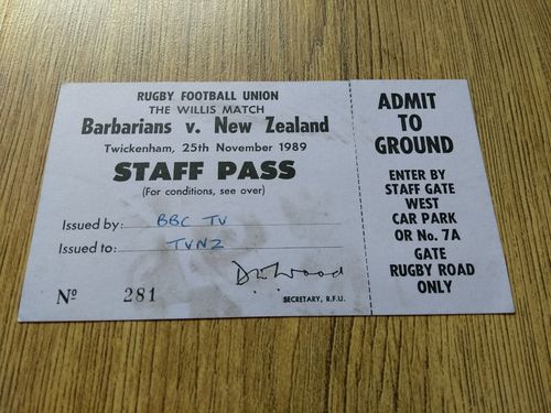 Barbarians v New Zealand 1989 Rugby Staff Pass
