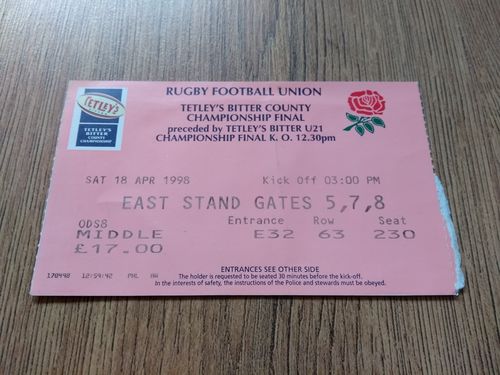 Cheshire v Cornwall 1998 County Championship Final Rugby Ticket