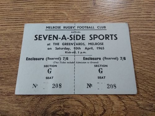 Melrose Sevens 1965 Rugby Ticket