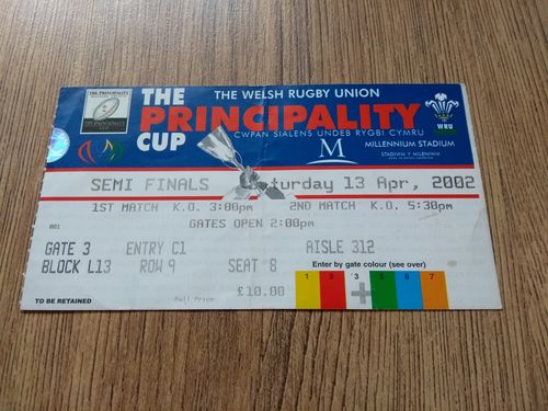 Ebbw Vale v Llanelli / Cardiff v Pontypridd 2002 Welsh Cup S-F Used Rugby Ticket