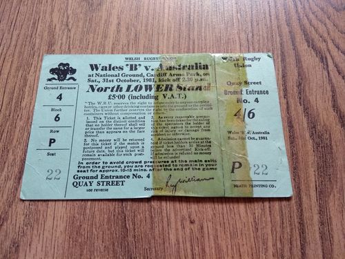 Wales B v Australia 1981 Rugby Ticket