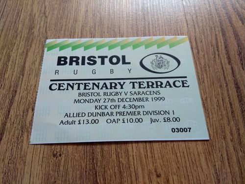 Bristol v Saracens Dec 1999 Rugby Ticket