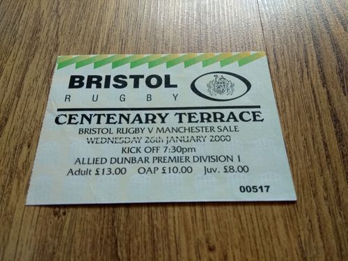 Bristol v Manchester Sale Jan 2000 Rugby Ticket