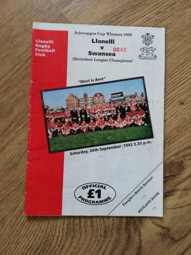 Llanelli v Swansea Sept 1992 Rugby Programme