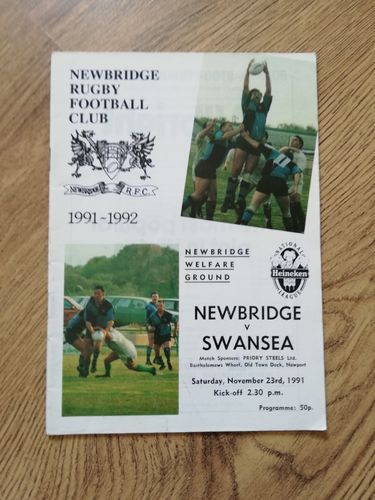 Newbridge v Swansea Nov 1991 Rugby Programme