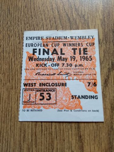 West Ham Utd v 1860 Munich 1965 European Cup Winners Cup Final Football Ticket
