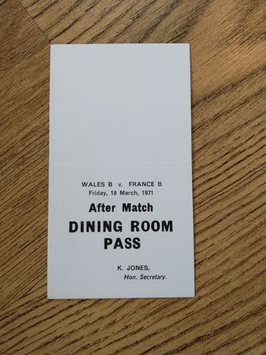 Wales B v France B Mar 1971 Rugby Dining Room Pass