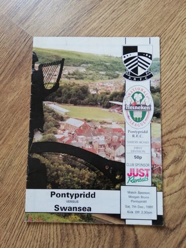 Pontypridd v Swansea Dec 1991 Rugby Programme