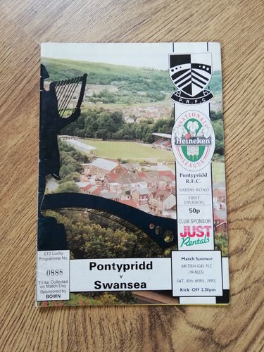 Pontypridd v Swansea Apr 1993 Rugby Programme