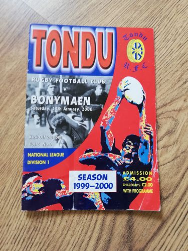 Tondu v Bonymaen Jan 2000 Rugby Programme