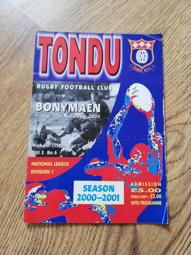 Tondu v Bonymaen Nov 2000 Rugby Programme