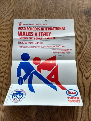 Wales Schools v Italy Schools 1988 Under 15 Group Rugby Promotion Poster