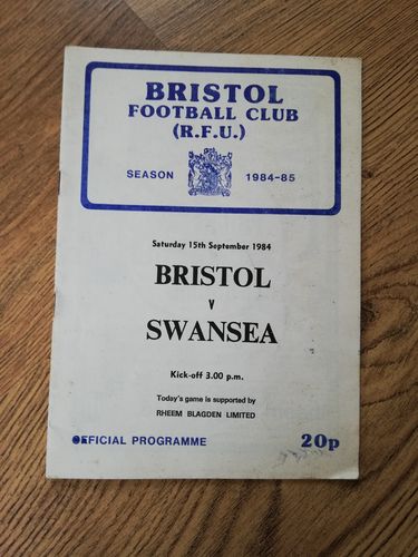 Bristol v Swansea Sept 1984 Rugby Programme