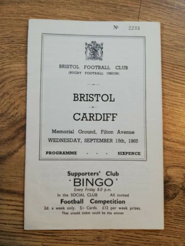 Bristol v Cardiff Sept 1965 Rugby Programme