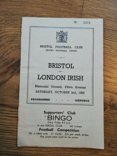 Bristol v London Irish Oct 1965 Rugby Programme
