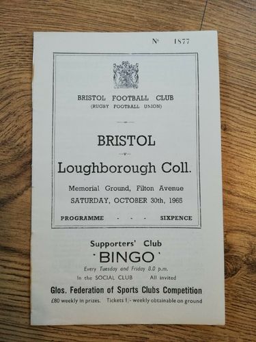 Bristol v Loughborough Colleges Oct 1965 Rugby Programme