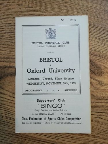 Bristol v Oxford University Nov 1965 Rugby Programme