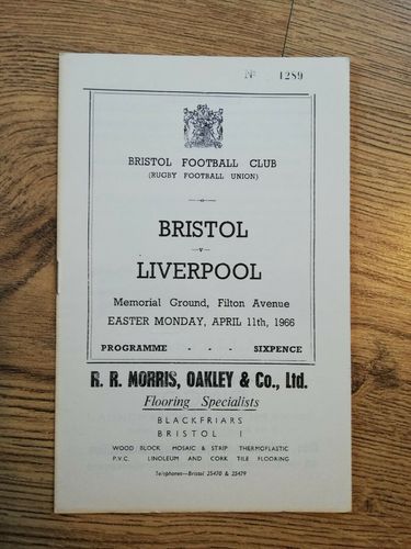 Bristol v Liverpool Apr 1966 Rugby Programme
